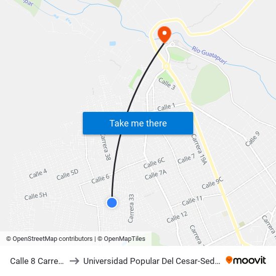 Calle 8 Carrera 39 to Universidad Popular Del Cesar-Sede Hurtado map