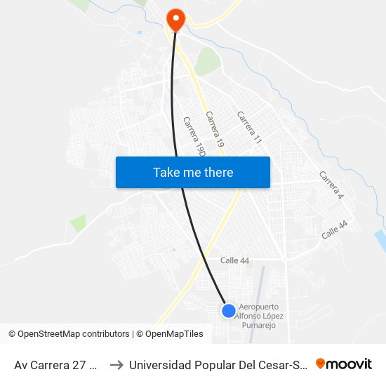 Av Carrera 27 Calle 67 to Universidad Popular Del Cesar-Sede Hurtado map