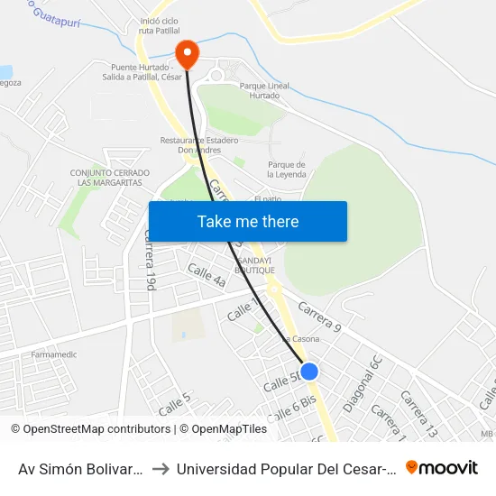 Av Simón Bolivar Calle 5b to Universidad Popular Del Cesar-Sede Hurtado map