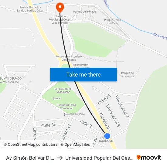Av Simón Bolívar Diagonal 10 N to Universidad Popular Del Cesar-Sede Hurtado map