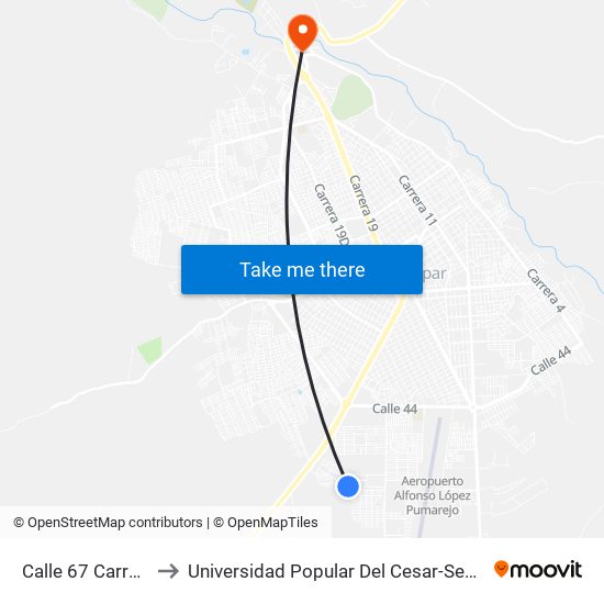 Calle 67 Carrera 31 to Universidad Popular Del Cesar-Sede Hurtado map