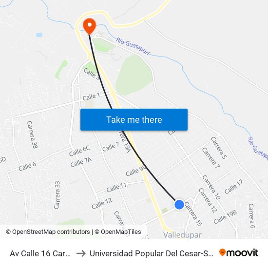 Av Calle 16 Carrera 16 to Universidad Popular Del Cesar-Sede Hurtado map