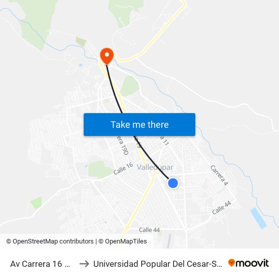 Av Carrera 16 Calle 23 to Universidad Popular Del Cesar-Sede Hurtado map