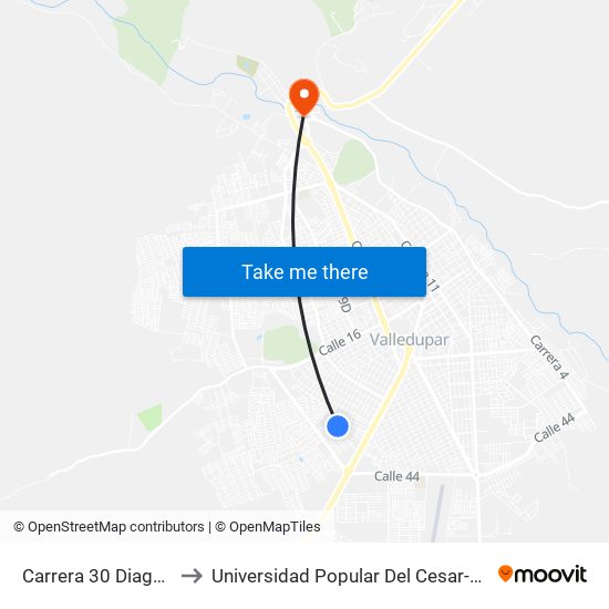 Carrera 30 Diagonal 18e to Universidad Popular Del Cesar-Sede Hurtado map