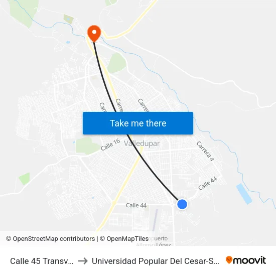 Calle 45 Transversal 6 to Universidad Popular Del Cesar-Sede Hurtado map