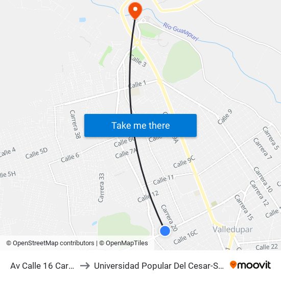 Av Calle 16 Carrera 21 to Universidad Popular Del Cesar-Sede Hurtado map