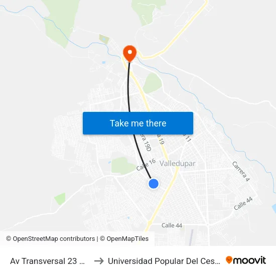 Av Transversal 23 Diagonal 18b to Universidad Popular Del Cesar-Sede Hurtado map