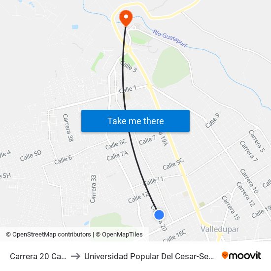 Carrera 20 Calle 14 to Universidad Popular Del Cesar-Sede Hurtado map