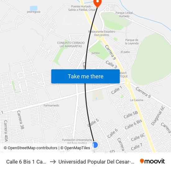 Calle 6 Bis 1 Carrera 20 to Universidad Popular Del Cesar-Sede Hurtado map