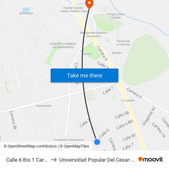 Calle 6 Bis 1 Carrera 19d to Universidad Popular Del Cesar-Sede Hurtado map