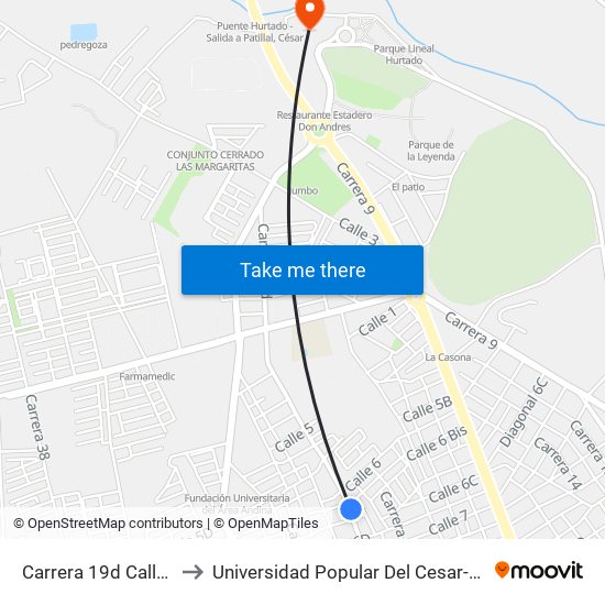Carrera 19d Calle 6 Bis 1 to Universidad Popular Del Cesar-Sede Hurtado map