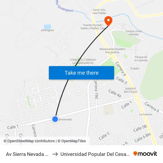 Av Sierra Nevada Carrera 32 to Universidad Popular Del Cesar-Sede Hurtado map