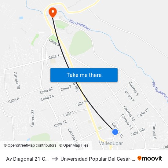 Av Diagonal 21 Carrera 16 to Universidad Popular Del Cesar-Sede Hurtado map
