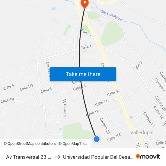 Av Transversal 23 Av Calle 16 to Universidad Popular Del Cesar-Sede Hurtado map