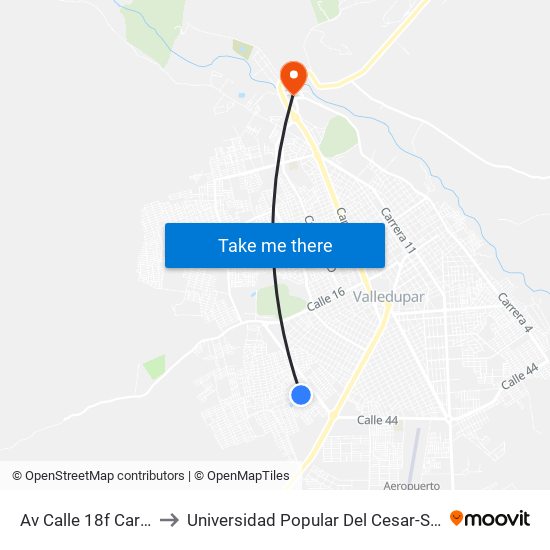 Av Calle 18f Carrera 33 to Universidad Popular Del Cesar-Sede Hurtado map