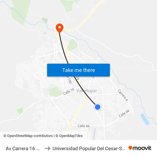 Av Carrera 16 Calle 28 to Universidad Popular Del Cesar-Sede Hurtado map