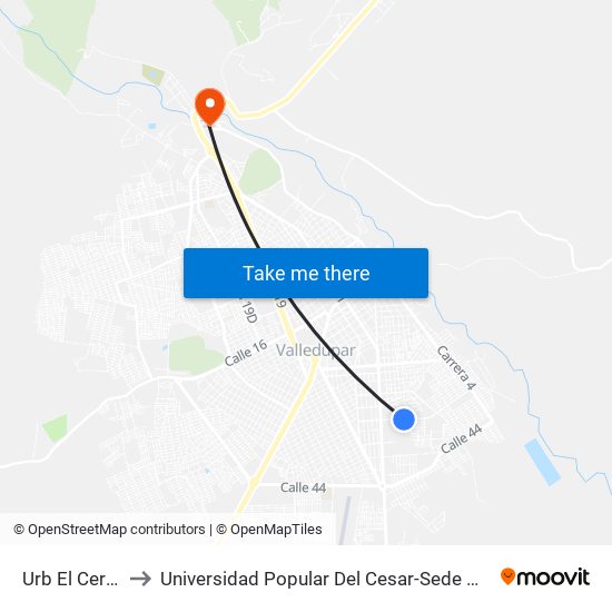 Urb El Cerrito to Universidad Popular Del Cesar-Sede Hurtado map