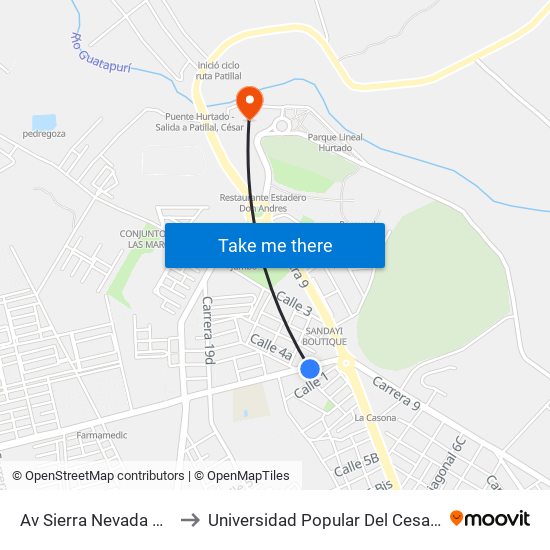 Av Sierra Nevada Carrera 19a to Universidad Popular Del Cesar-Sede Hurtado map