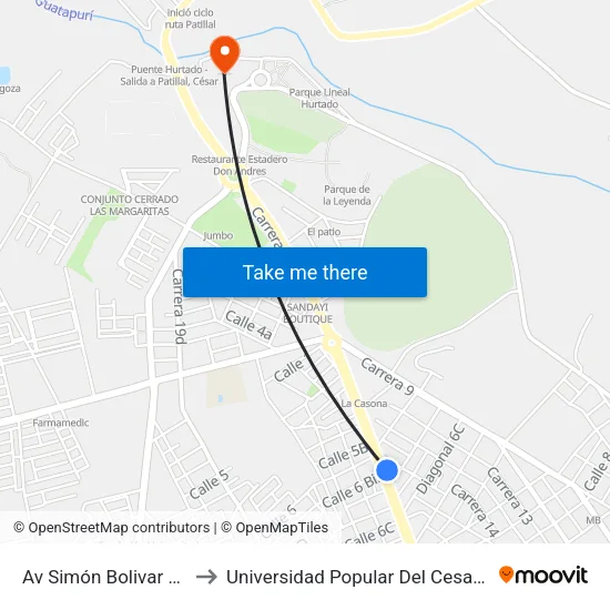 Av Simón Bolivar Calle 6 Bis to Universidad Popular Del Cesar-Sede Hurtado map