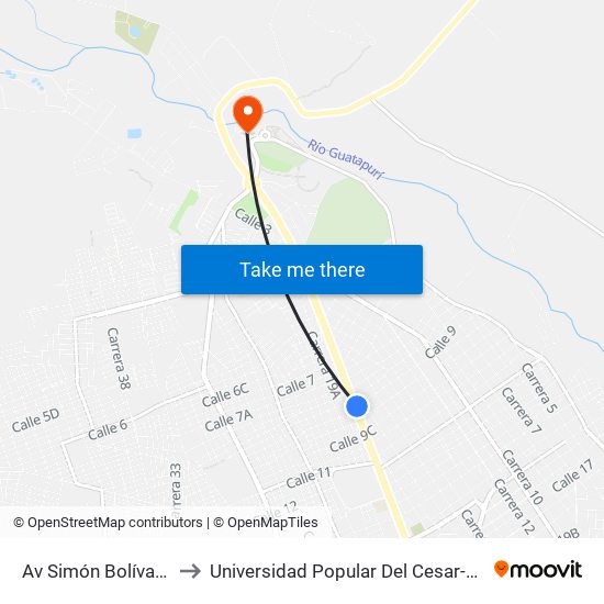 Av Simón Bolívar Calle 9 to Universidad Popular Del Cesar-Sede Hurtado map