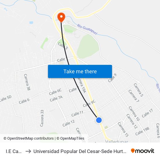 I.E Casd to Universidad Popular Del Cesar-Sede Hurtado map