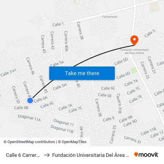 Calle 6 Carrera 48 to Fundación Universitaria Del Área Andina map