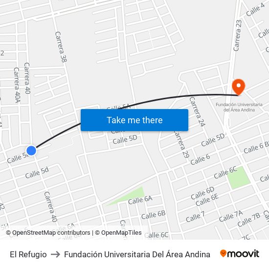 El Refugio to Fundación Universitaria Del Área Andina map