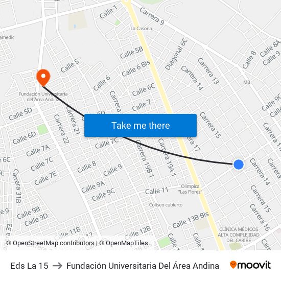 Eds La 15 to Fundación Universitaria Del Área Andina map