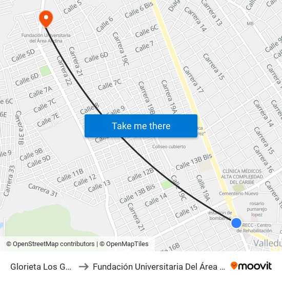 Glorieta Los Gallos to Fundación Universitaria Del Área Andina map