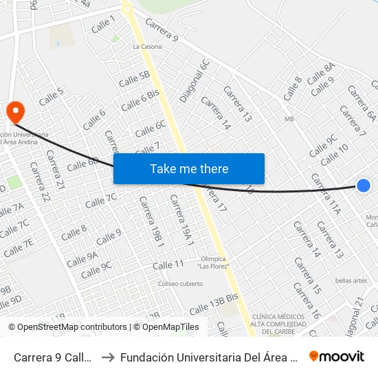 Carrera 9 Calle 13 to Fundación Universitaria Del Área Andina map