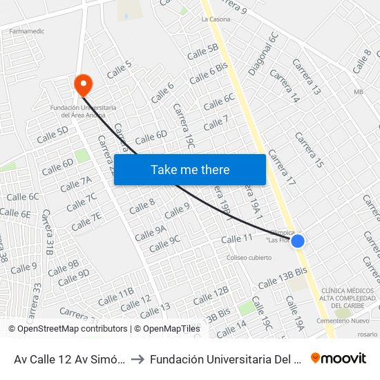 Av Calle 12 Av Simón Bolívar to Fundación Universitaria Del Área Andina map