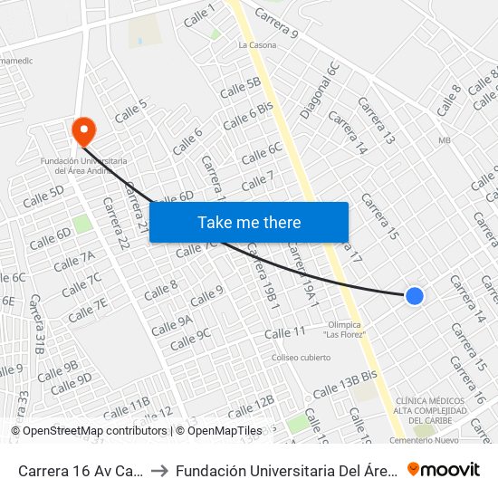 Carrera 16 Av Calle 12 to Fundación Universitaria Del Área Andina map