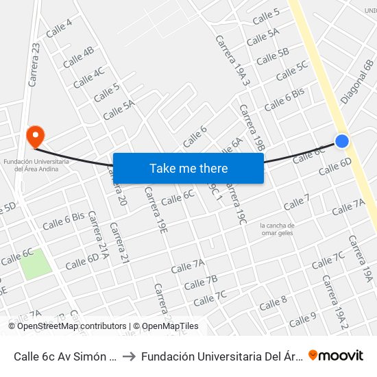 Calle 6c Av Simón Bolivar to Fundación Universitaria Del Área Andina map