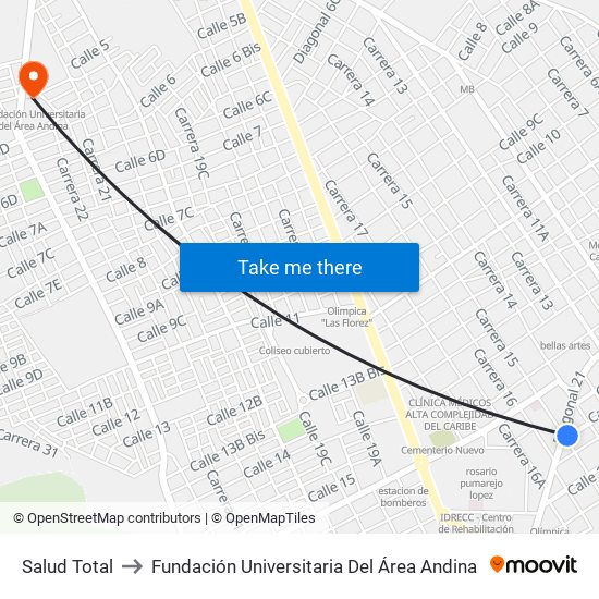 Salud Total to Fundación Universitaria Del Área Andina map