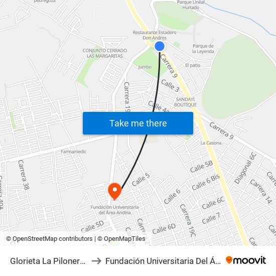 Glorieta La Pilonera Mayor to Fundación Universitaria Del Área Andina map