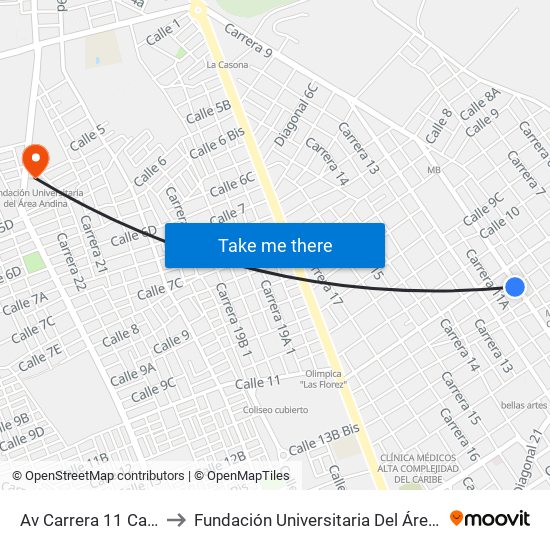 Av Carrera 11 Calle 13 to Fundación Universitaria Del Área Andina map