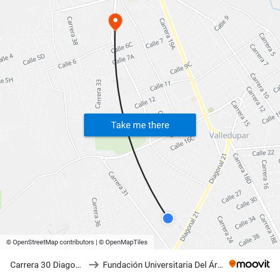 Carrera 30 Diagonal 19a to Fundación Universitaria Del Área Andina map