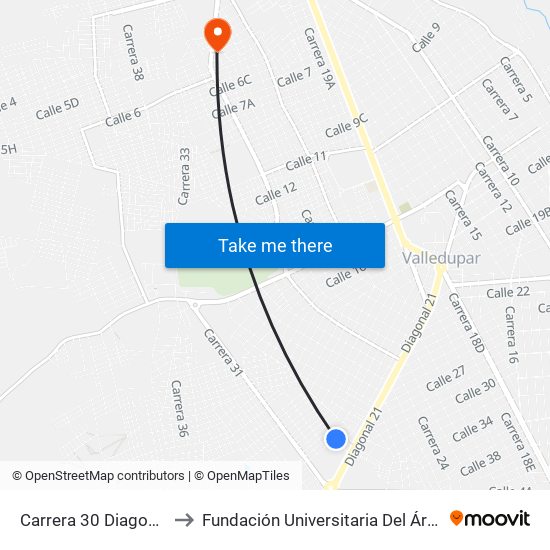 Carrera 30 Diagonal 20b to Fundación Universitaria Del Área Andina map