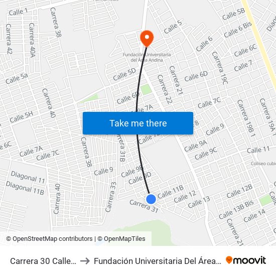 Carrera 30 Calle 11b to Fundación Universitaria Del Área Andina map