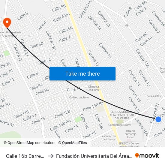 Calle 16b Carrera 14 to Fundación Universitaria Del Área Andina map