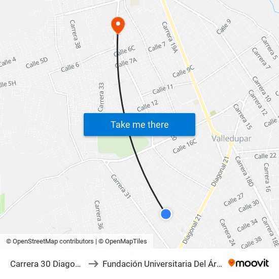 Carrera 30 Diagonal 18e to Fundación Universitaria Del Área Andina map