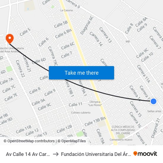 Av Calle 14 Av Carrera 12 to Fundación Universitaria Del Área Andina map