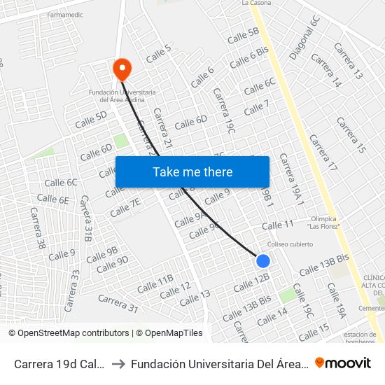 Carrera 19d Calle 12 to Fundación Universitaria Del Área Andina map