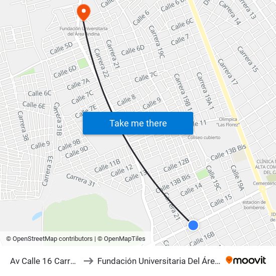 Av Calle 16 Carrera 20 to Fundación Universitaria Del Área Andina map