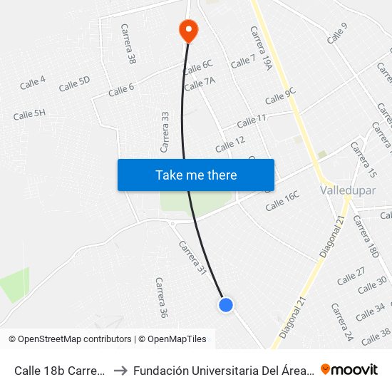 Calle 18b Carrera 31 to Fundación Universitaria Del Área Andina map