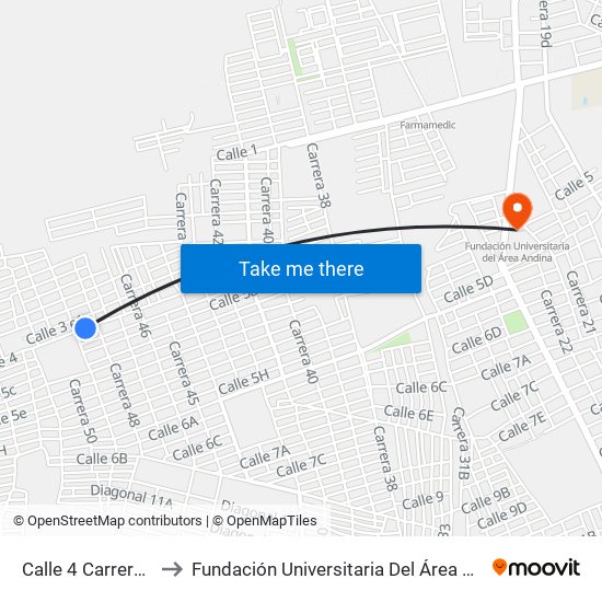Calle 4 Carrera 48 to Fundación Universitaria Del Área Andina map
