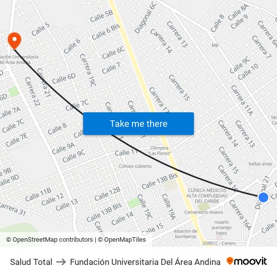 Salud Total to Fundación Universitaria Del Área Andina map