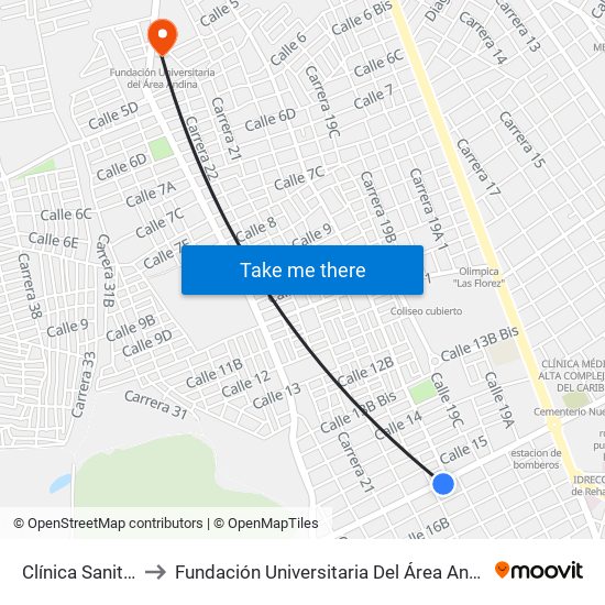 Clínica Sanitas to Fundación Universitaria Del Área Andina map
