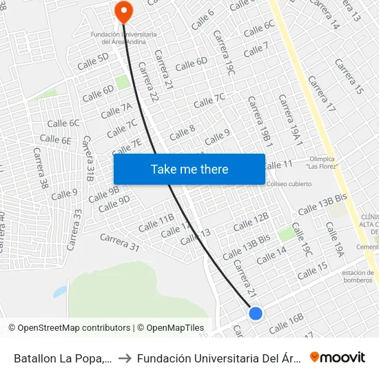 Batallon La Popa, 21-74 to Fundación Universitaria Del Área Andina map