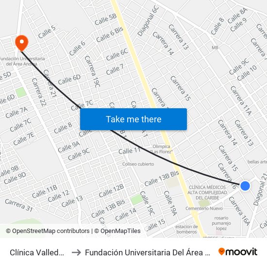 Clínica Valledupar to Fundación Universitaria Del Área Andina map